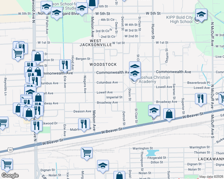 map of restaurants, bars, coffee shops, grocery stores, and more near 3055 Lowell Avenue in Jacksonville