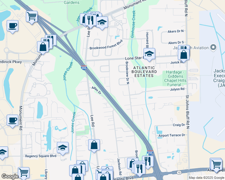 map of restaurants, bars, coffee shops, grocery stores, and more near 751 Jackson Road in Jacksonville
