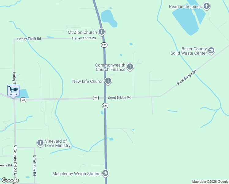map of restaurants, bars, coffee shops, grocery stores, and more near 6167 Steel Bridge Road in Macclenny