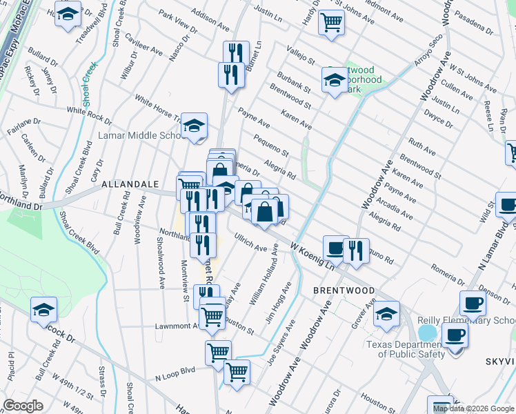 map of restaurants, bars, coffee shops, grocery stores, and more near 1904 1/2 Palo Duro Road in Austin