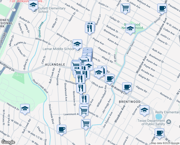 map of restaurants, bars, coffee shops, grocery stores, and more near 2012 West Koenig Lane in Austin
