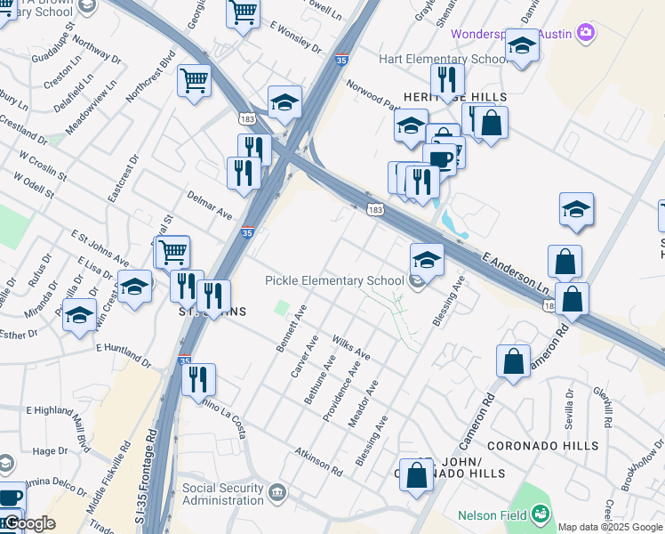 map of restaurants, bars, coffee shops, grocery stores, and more near 7503 Bennett Avenue in Austin