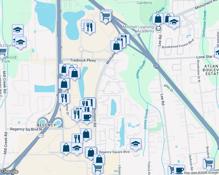 map of restaurants, bars, coffee shops, grocery stores, and more near 653 Monument Road in Jacksonville