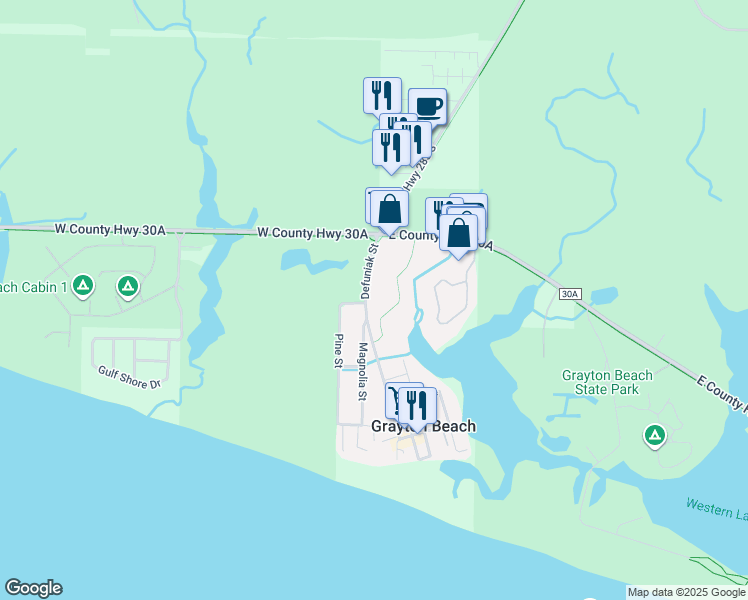 map of restaurants, bars, coffee shops, grocery stores, and more near 173 Defuniak Street in Santa Rosa Beach