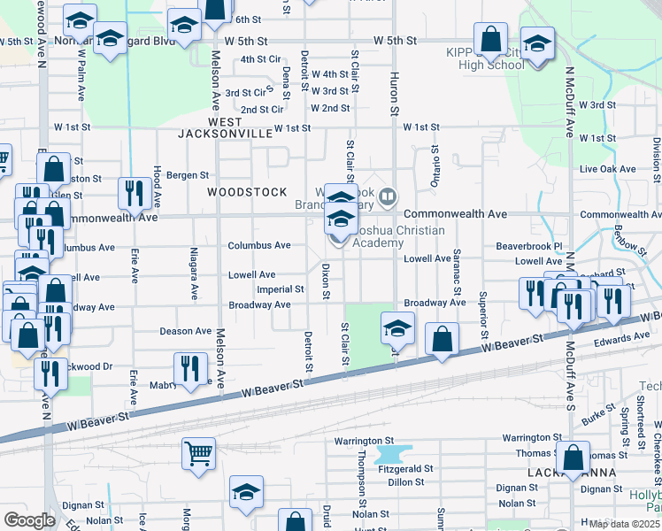 map of restaurants, bars, coffee shops, grocery stores, and more near 875 Dixon Street in Jacksonville