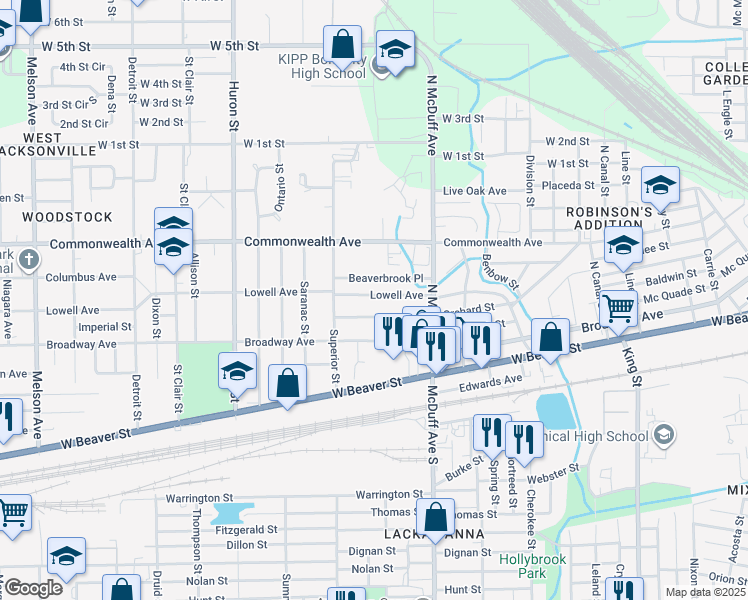 map of restaurants, bars, coffee shops, grocery stores, and more near 2578 Lowell Ave in Jacksonville