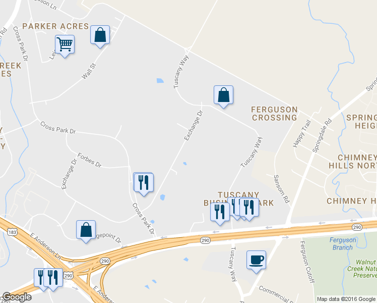 map of restaurants, bars, coffee shops, grocery stores, and more near 8028 Exchange Drive in Austin