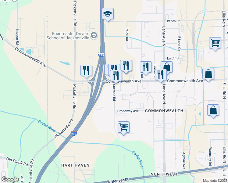 map of restaurants, bars, coffee shops, grocery stores, and more near 903 Suemac Road in Jacksonville