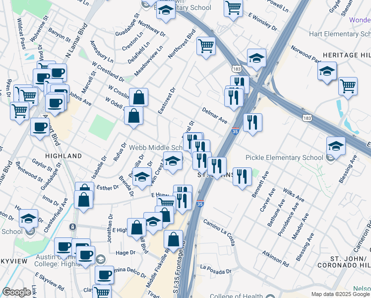 map of restaurants, bars, coffee shops, grocery stores, and more near 500 East Saint Johns Avenue in Austin
