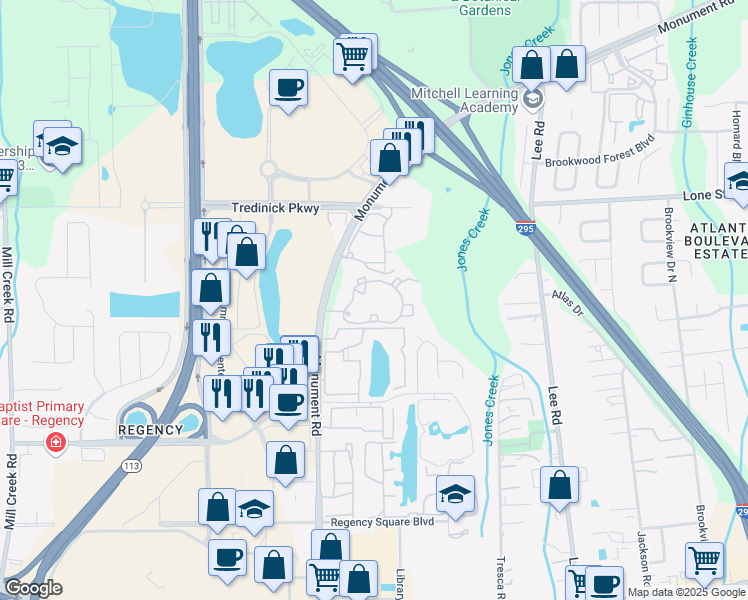 map of restaurants, bars, coffee shops, grocery stores, and more near 653 Monument Road in Jacksonville