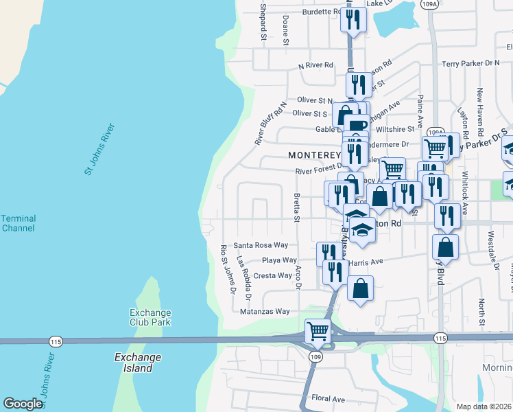 map of restaurants, bars, coffee shops, grocery stores, and more near 1328 Hollyhock Circle East in Jacksonville