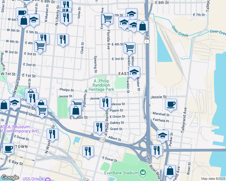 map of restaurants, bars, coffee shops, grocery stores, and more near 1023 Phelps Street in Jacksonville