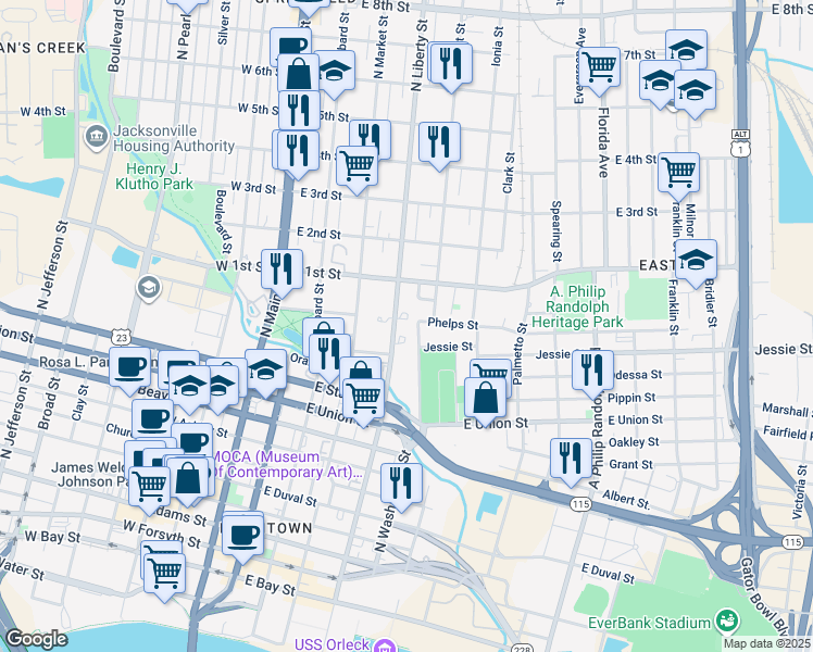 map of restaurants, bars, coffee shops, grocery stores, and more near 344 Phelps Street in Jacksonville