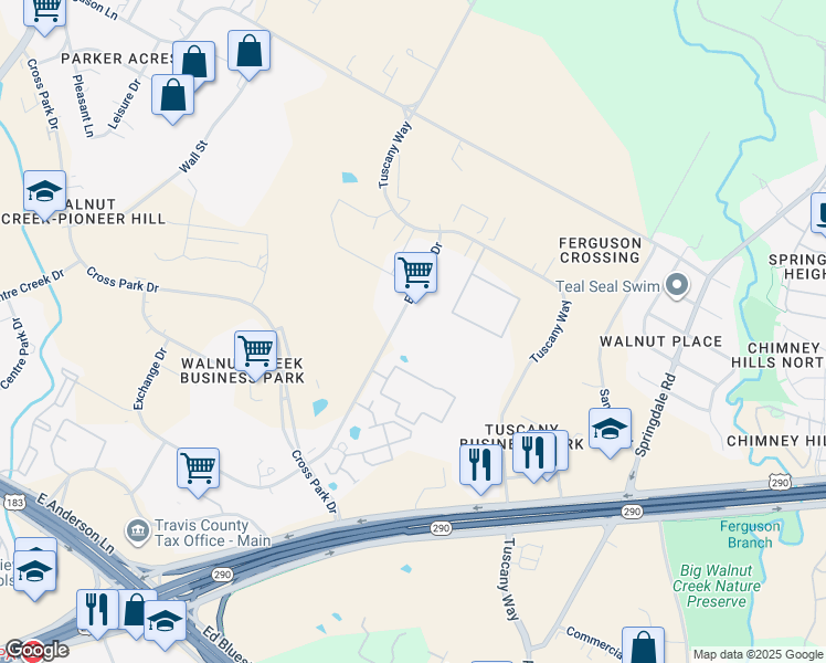 map of restaurants, bars, coffee shops, grocery stores, and more near 8028 Exchange Drive in Austin