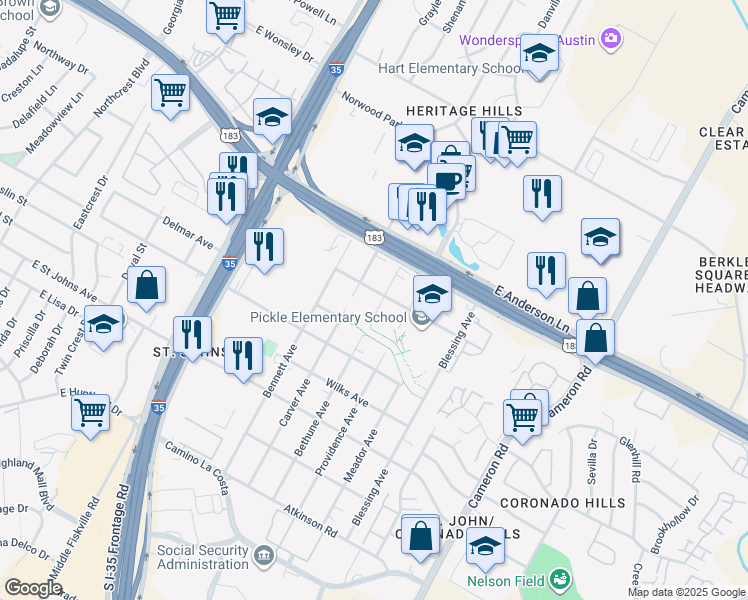 map of restaurants, bars, coffee shops, grocery stores, and more near 7513 Carver Avenue in Austin