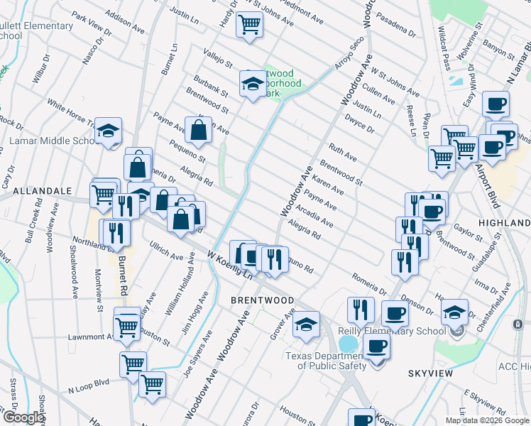 map of restaurants, bars, coffee shops, grocery stores, and more near 1405 Alegria Road in Austin
