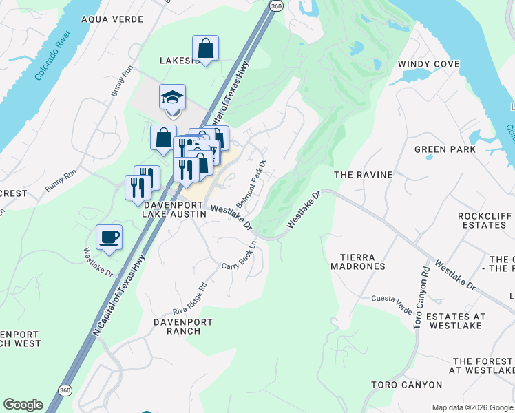 map of restaurants, bars, coffee shops, grocery stores, and more near 4100 Wayfarer Way in Austin