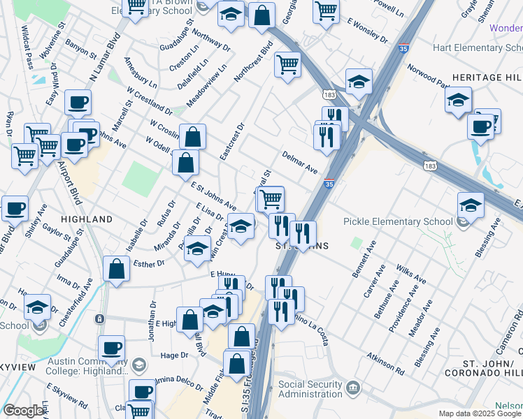 map of restaurants, bars, coffee shops, grocery stores, and more near 500 East Saint Johns Avenue in Austin