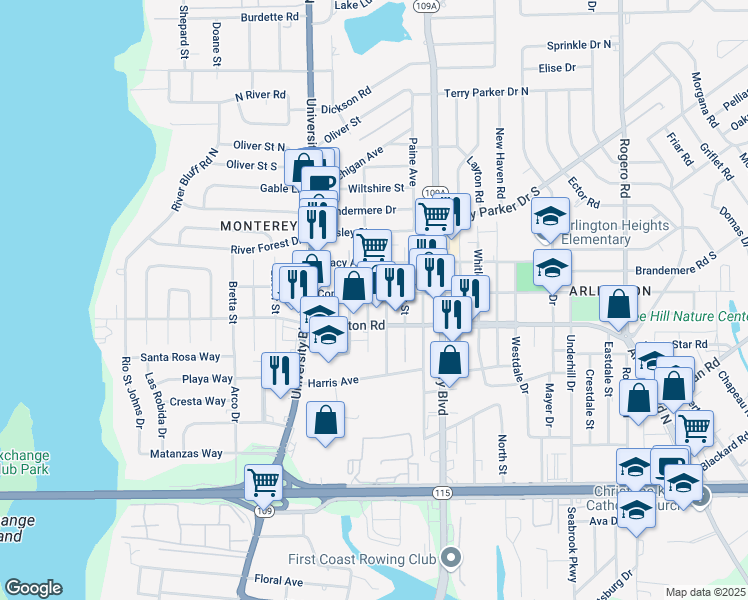 map of restaurants, bars, coffee shops, grocery stores, and more near 5808 Commerce Street in Jacksonville