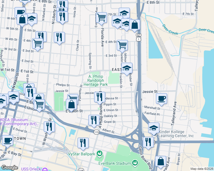 map of restaurants, bars, coffee shops, grocery stores, and more near 1023 Phelps Street in Jacksonville