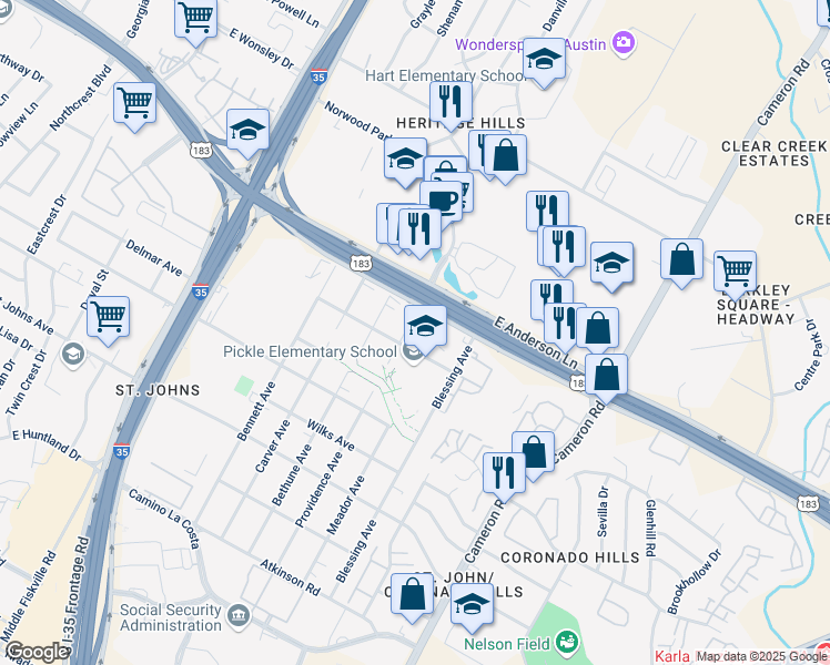 map of restaurants, bars, coffee shops, grocery stores, and more near 7607 Providence Avenue in Austin