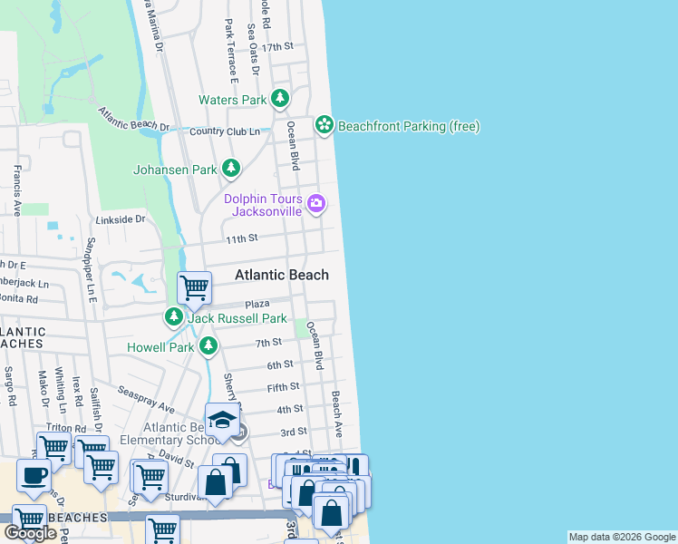 map of restaurants, bars, coffee shops, grocery stores, and more near 10 10th Street in Atlantic Beach