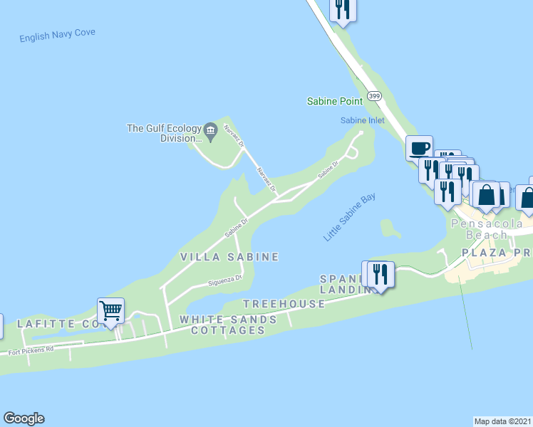 map of restaurants, bars, coffee shops, grocery stores, and more near 210 Sabine Drive in Pensacola Beach