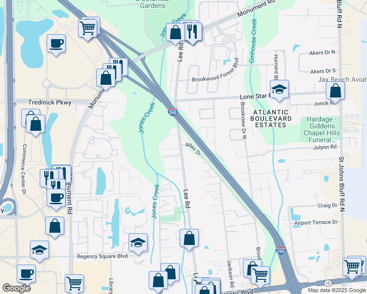 map of restaurants, bars, coffee shops, grocery stores, and more near 757 Lee Road in Jacksonville