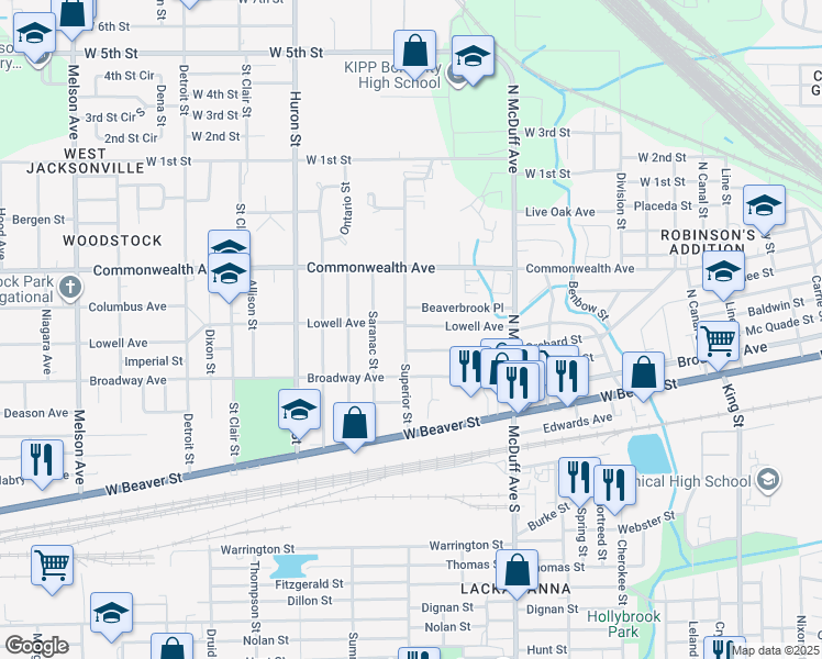 map of restaurants, bars, coffee shops, grocery stores, and more near 881 Superior Street in Jacksonville
