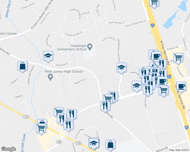 map of restaurants, bars, coffee shops, grocery stores, and more near 1850 Longmire Road in Conroe