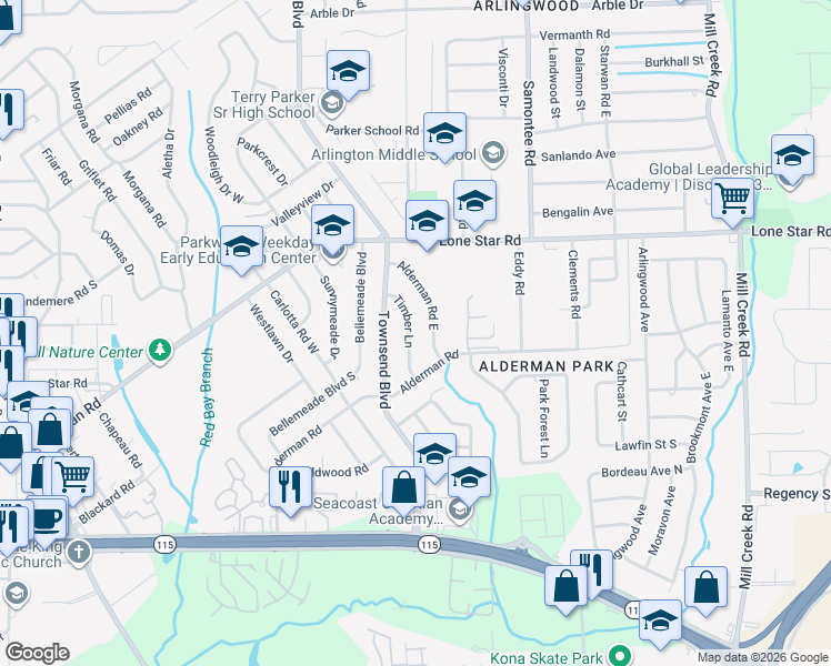 map of restaurants, bars, coffee shops, grocery stores, and more near 1203 Timber Lane in Jacksonville