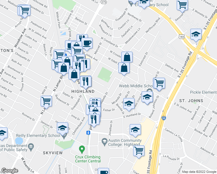map of restaurants, bars, coffee shops, grocery stores, and more near 7000 Isabelle Drive in Austin
