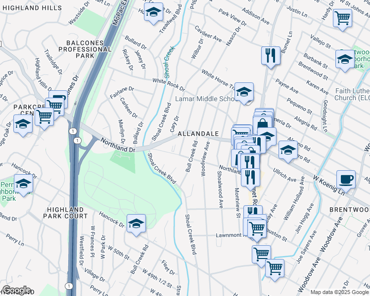 map of restaurants, bars, coffee shops, grocery stores, and more near 5705 Nasco Drive in Austin