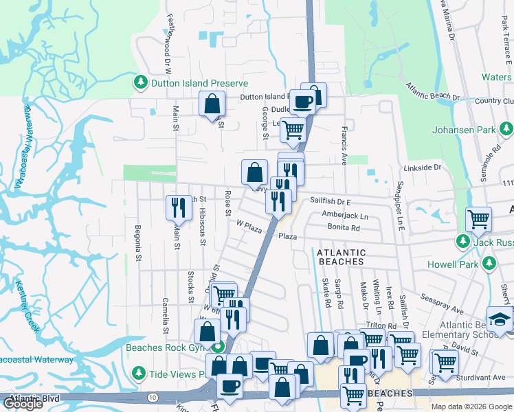 map of restaurants, bars, coffee shops, grocery stores, and more near 85 West 13th Street in Atlantic Beach