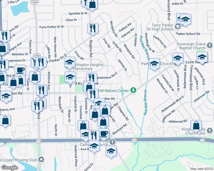 map of restaurants, bars, coffee shops, grocery stores, and more near 6855 Arthur Court in Jacksonville