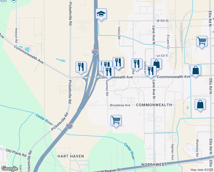 map of restaurants, bars, coffee shops, grocery stores, and more near 903 Suemac Rd in Jacksonville