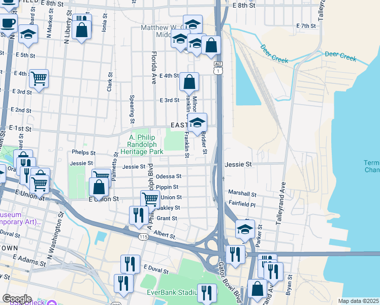 map of restaurants, bars, coffee shops, grocery stores, and more near 1007 Franklin Street in Jacksonville