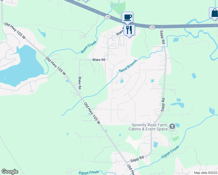 map of restaurants, bars, coffee shops, grocery stores, and more near 1512 West Creek Drive in Conroe