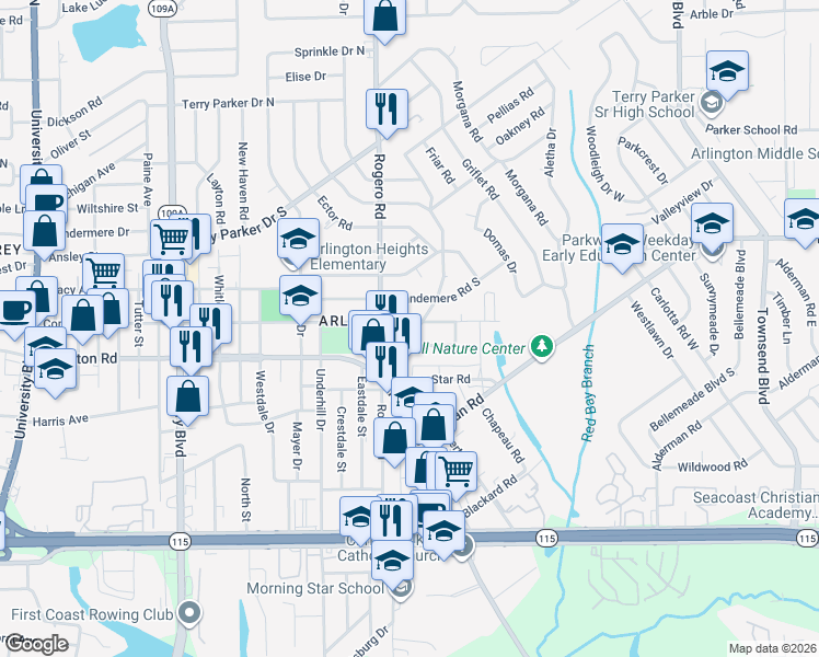 map of restaurants, bars, coffee shops, grocery stores, and more near 1268 King Arthur Road in Jacksonville
