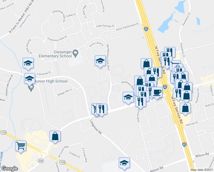 map of restaurants, bars, coffee shops, grocery stores, and more near 2210 Montgomery Park Boulevard in Conroe