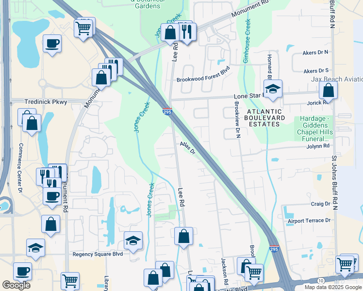map of restaurants, bars, coffee shops, grocery stores, and more near 757 Lee Road in Jacksonville