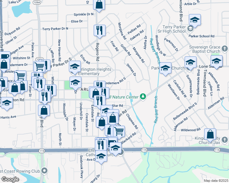 map of restaurants, bars, coffee shops, grocery stores, and more near 6855 Arthur Court in Jacksonville