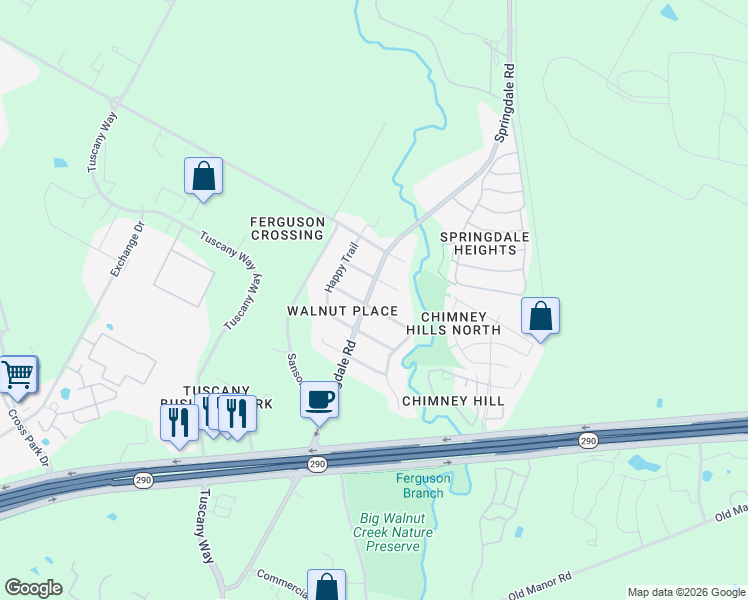 map of restaurants, bars, coffee shops, grocery stores, and more near 3605 E-K Lane in Austin