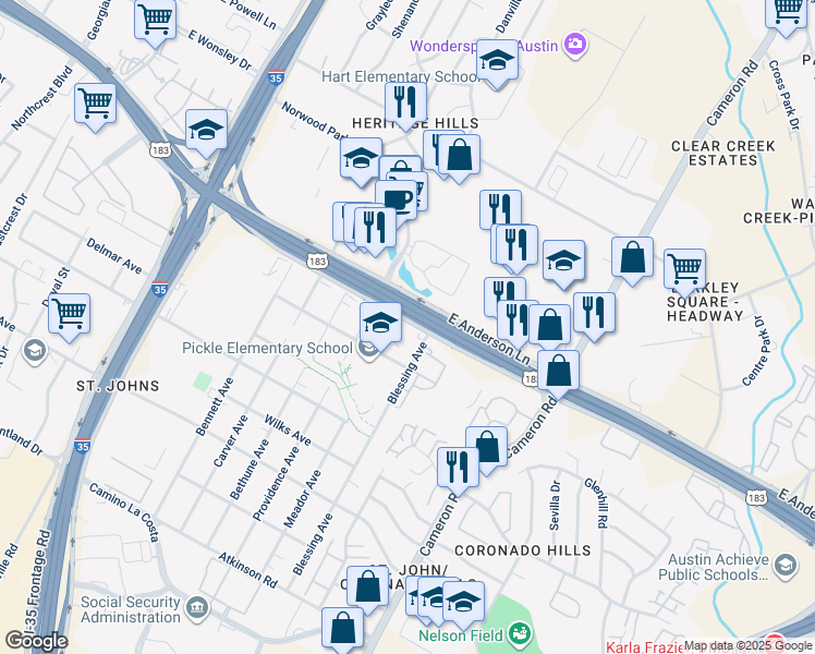 map of restaurants, bars, coffee shops, grocery stores, and more near 7617 Meador Avenue in Austin