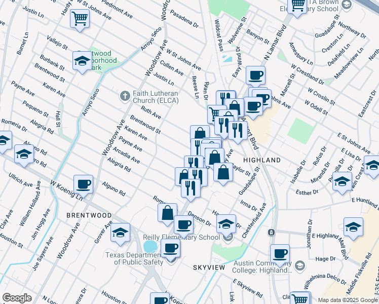 map of restaurants, bars, coffee shops, grocery stores, and more near 906 Karen Avenue in Austin