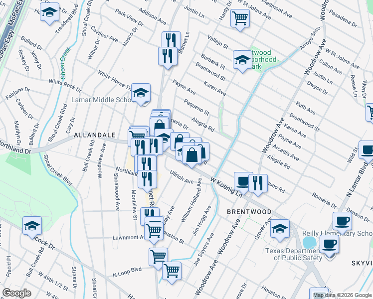 map of restaurants, bars, coffee shops, grocery stores, and more near 1904 1/2 Palo Duro Road in Austin