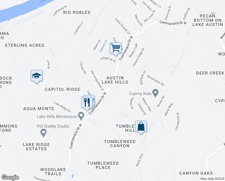 map of restaurants, bars, coffee shops, grocery stores, and more near 1102 Canyon Edge Drive in Austin