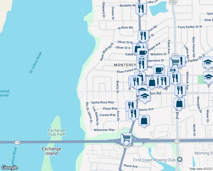 map of restaurants, bars, coffee shops, grocery stores, and more near 1327 Hollyhock Circle East in Jacksonville
