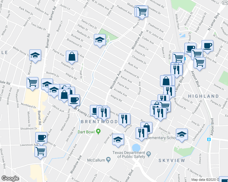 map of restaurants, bars, coffee shops, grocery stores, and more near 6301 Woodrow Avenue in Austin