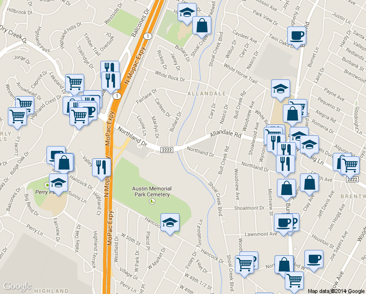 map of restaurants, bars, coffee shops, grocery stores, and more near Northland Drive in Austin